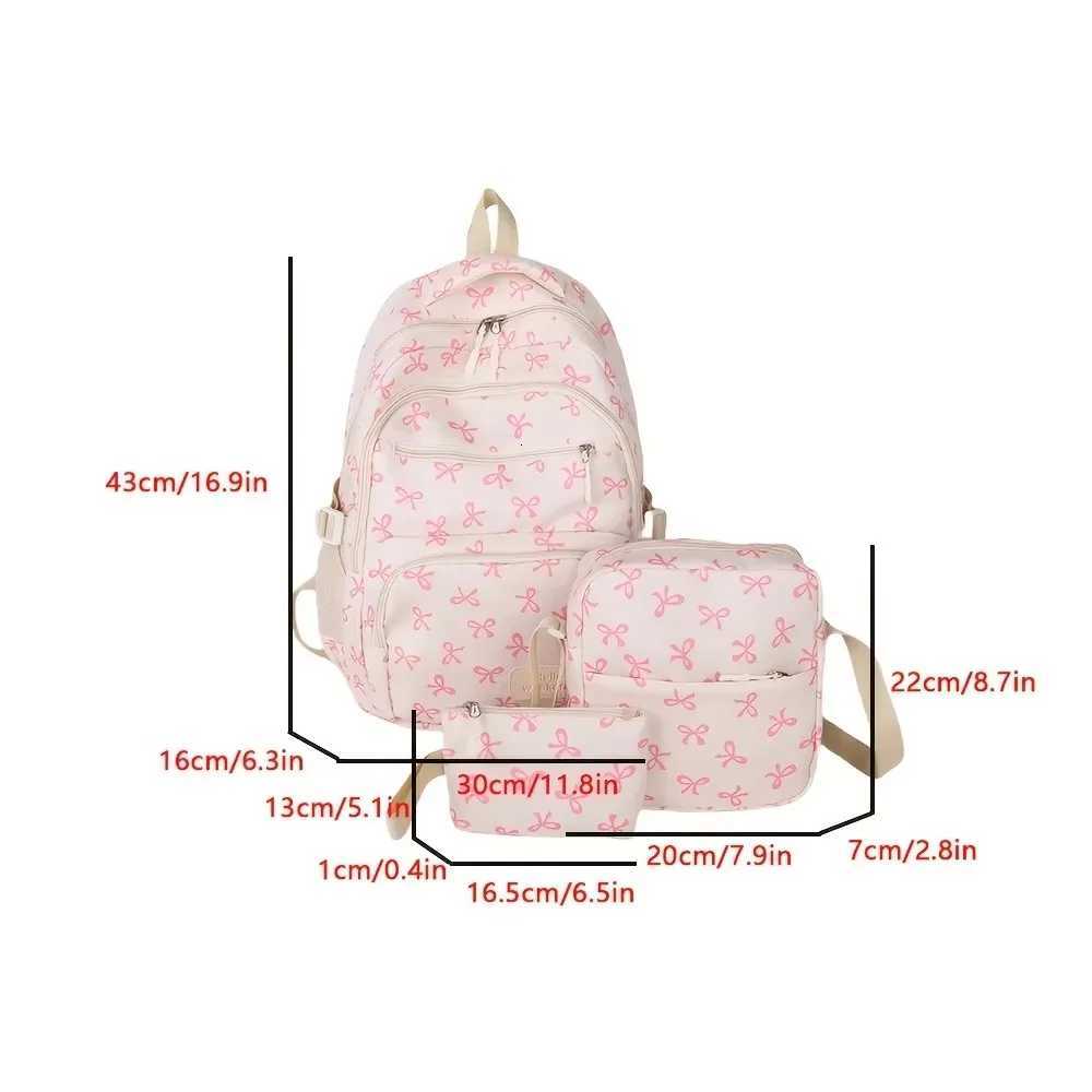 3 Pcs/Set Fashion Large Capacity Bow Backpack Bow Print Nylon School Bag Adjustable Strap Student BackpackW251114