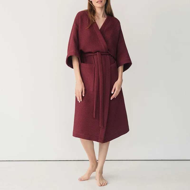 Cotton Waffle Night Robe Women Solid Knitted Elegant V Neck Pajamas with Belt Harajuku Bathrobe Night Wears for Women C251115