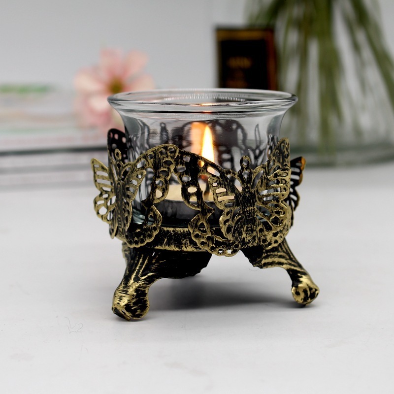 Cross-border selling metal red glass bowl candle cup European style ornament candle holder 240731