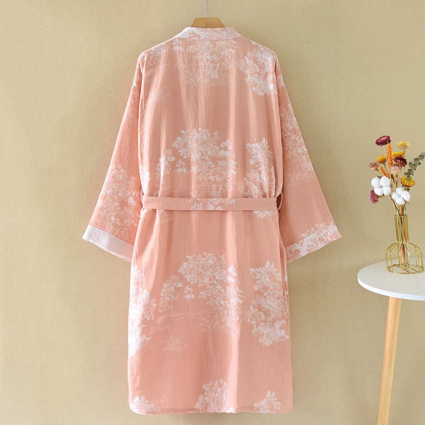 Retro Jacquard Cotton Double-layer Gauze Bathrobe National Style Cardigan Large Size Medium Length Floral Printing Bath Robe C251115