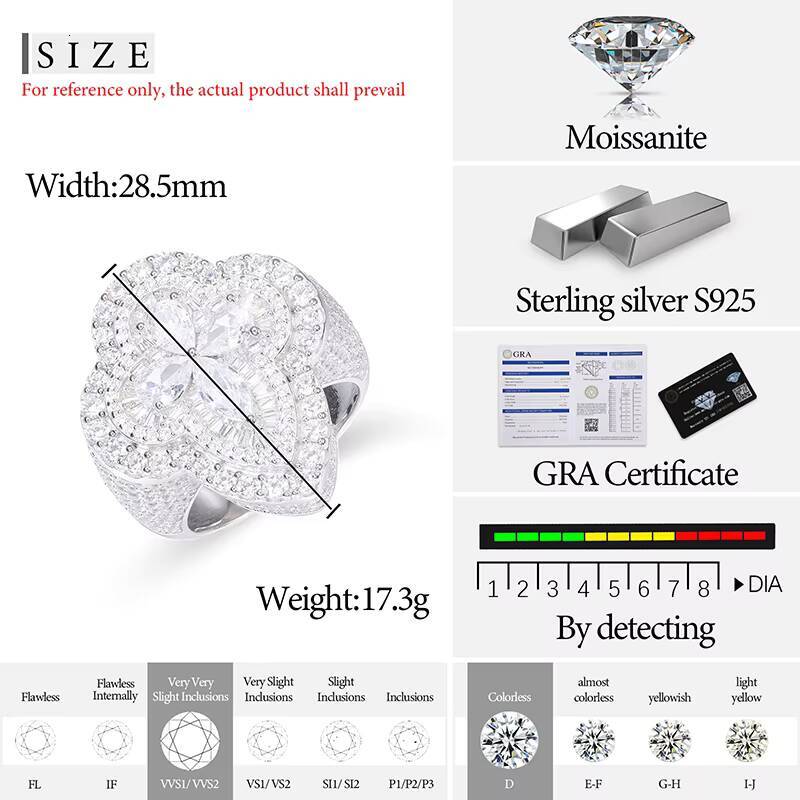 Pass Diamond Tester Pear Cut Diamond Clover Custom Iced Out Sterling Silver 925 Vvs Moissanite Jewelry Men Ring