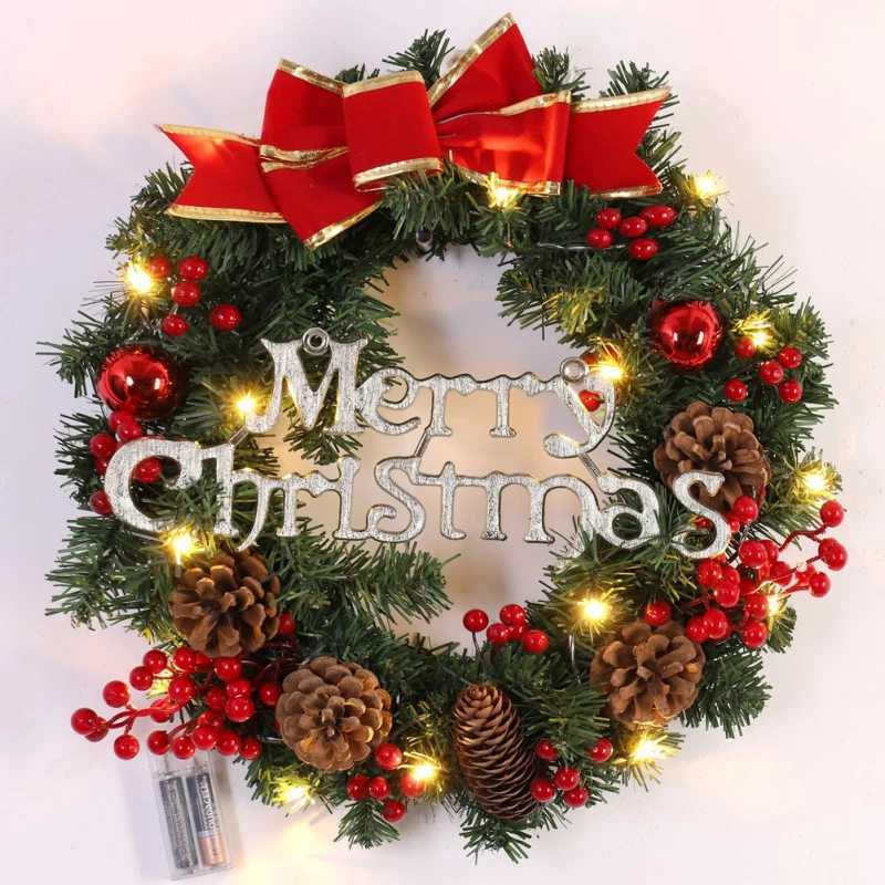 Christmas Wreath with LED Fairy Light Door Hanging Garland Pine for Home Decorations Xmas Party Supplies Happy New Year DecorM251115