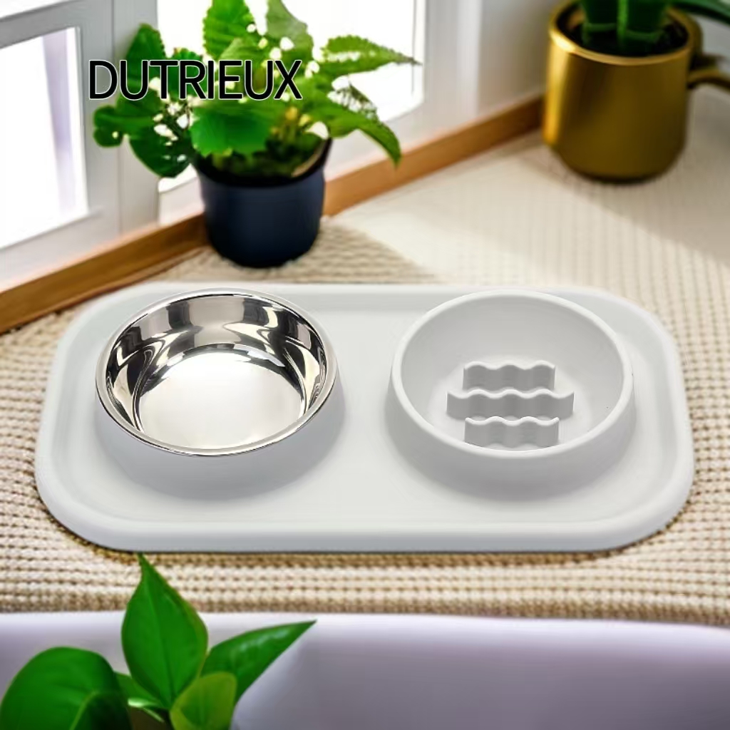 H1438 Affordable double pet bowl, one-piece plastic food bowl, non-slip design, suitable for both eating and drinking, perfect for cats and dogs.