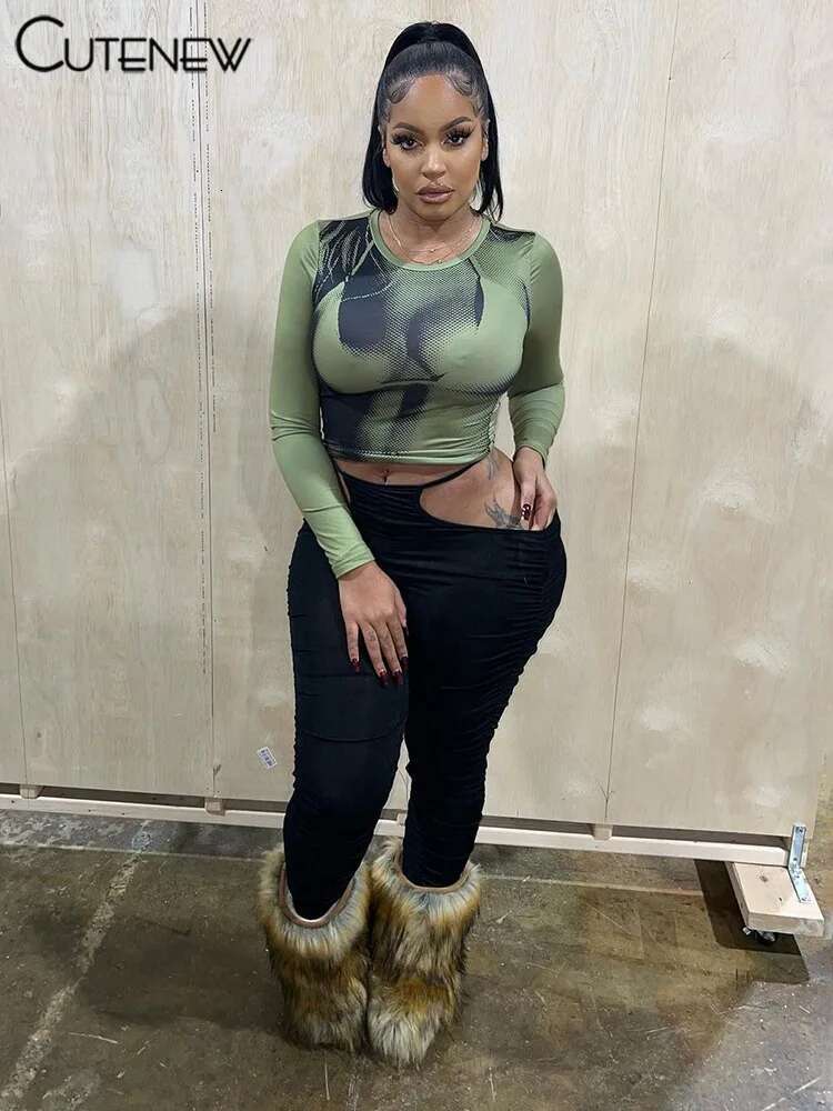 Cutenew Women's Body Printed Tops Long Sleeve Slim Round Neck Shirt Casual 2023 Spring New Lady Female Fashion High Streetwear