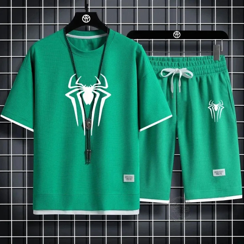 Summer mens spider printed Tshirtshorts set casual twopiece waffle sweatshirt 2024 fashionable and comfortable M3XL 250414Z