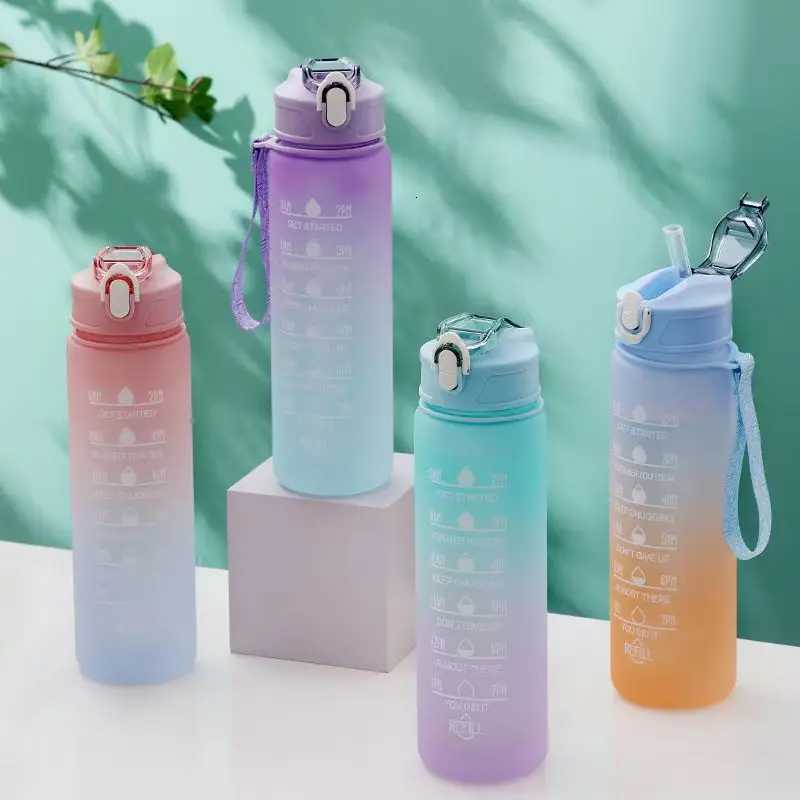 700ml High Temperature Resistant Plastic Sports Cup Rainbow Frosted Progressive Color Water Bottle with Graduated Straw YDSH01W251114