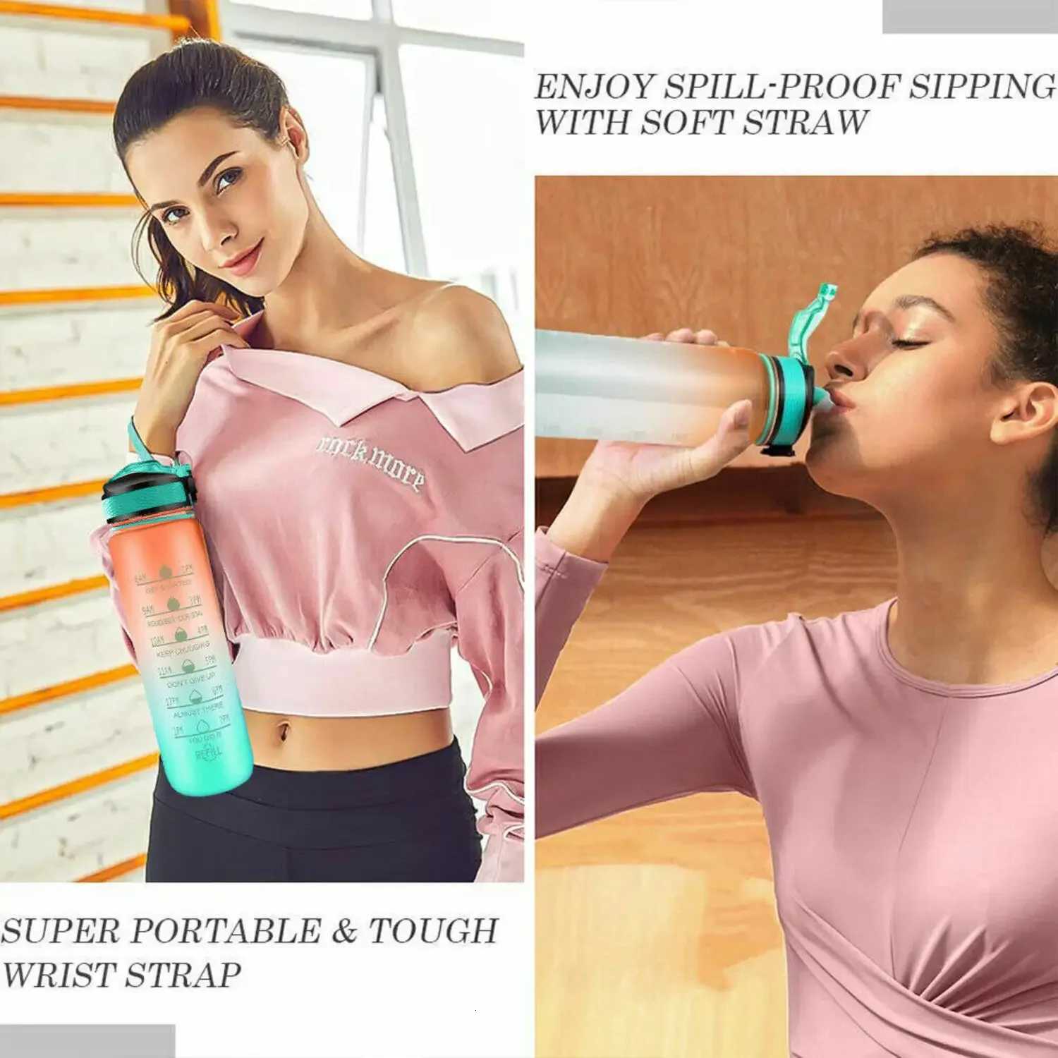 1L Sports Water Bottle with Straw and Time Marker Plastic Motivational Water Bottle Drinking Bottle Leakproof for Fitness GymW251114