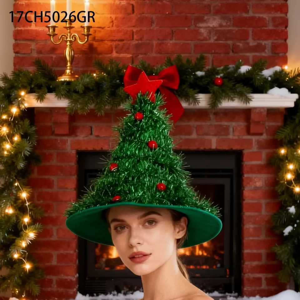 PESENAR Green Tinsel Christmas Tree Hat with Red Star and Baubles - Add a Whimsical Touch to Your Holiday Look Y251115