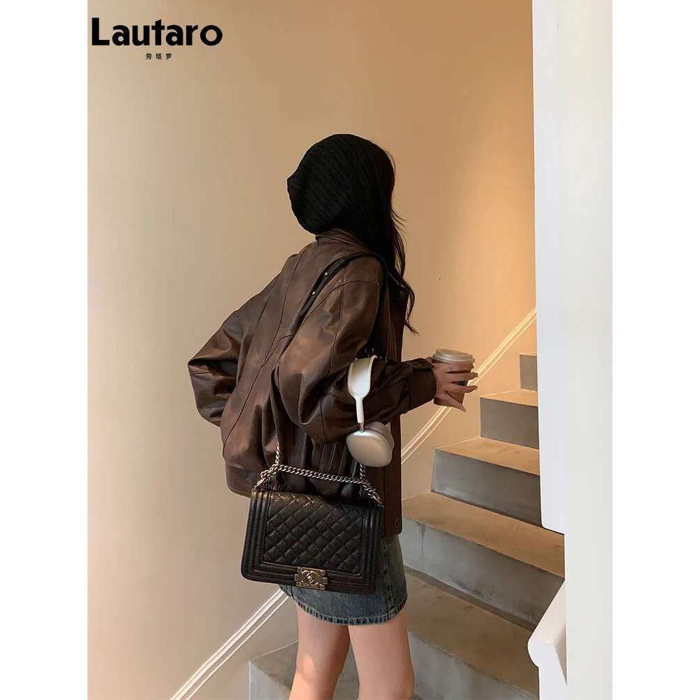 Designer Clothes Lautaro Spring Autumn Cool Retro Waterproof Distressed Brown Pu Leather Jackets For Women Zipper Maillard Style Clothes 2024