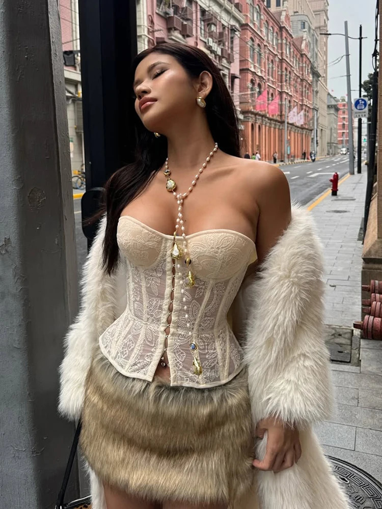 Nibber See Through Women Warp Sleeveless Lace Pattern Concealed Metal Buckle Backless Sexy Summer Trend Simple Midnight Mini Top 250415