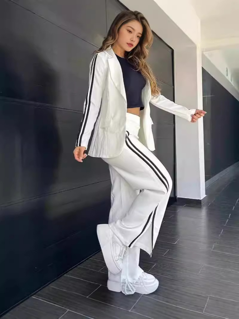 Autumn New Elegant Office Lady Suit 2025 Fashion Lapel No Buckle Blazer Striped Side Split Straight Trousers Two Piece Set Woman