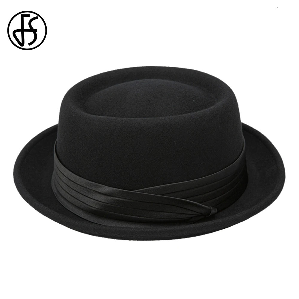 FS Roll Brim Black Pork Pie Hat For Men Ivory White Wool Fedoras Deep Camel Jazz Cap Church Panama Gangsters Caps Gentlemen 250407