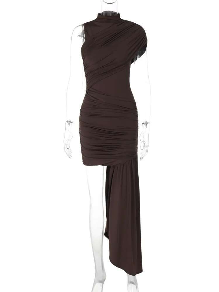 Mozision Irregular Draped Ruched Sexy Mini For Women Elegant Turtleneck Sleeveless High Waist Pleated Club Party Dress