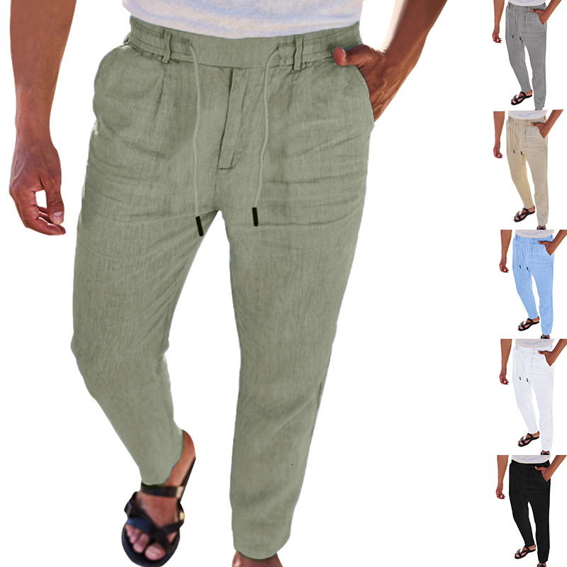 Spring Autumn thin casual lace up new men's cotton and linen drawstring straight leg pants