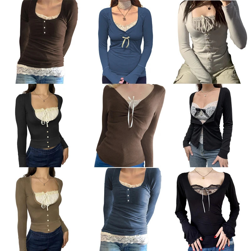 Vintage Lace Patchwork Cute Cotton Tshirts Women Korean Fashion Button Fairy Grunge Y2K Clothes Casual Spring Autumn Retro Tops 250415