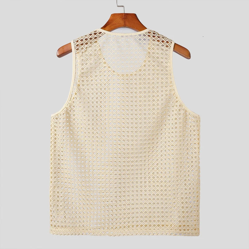 2025 Summer Casual Sleeveless Knit T Shirts Mens Vintage Solid Color Hollow Out Knitted Tank Tops Men Sexy Transparent Camisoles 250415
