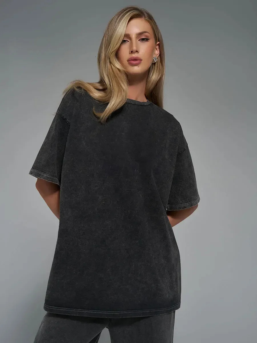 Washed Make Old Short-sleeved Tops T-shirts Europe and America Summer 2025 Loose Casual Round Neck Oversized T-shirt Women 250415