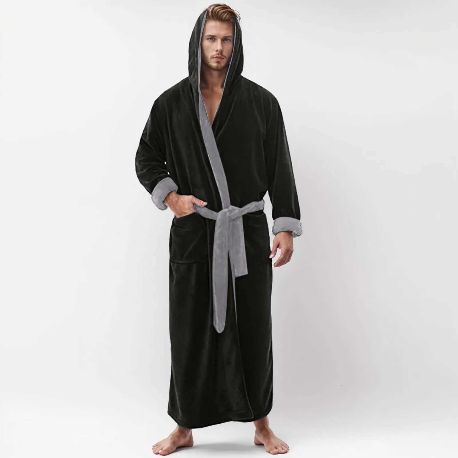 Mens Oversized Long-Sleeve Hooded Bathrobe Fall Winter Long Pajamas Loungewear Mens Plus Size Kimono Pajamas Nightgowns Robe C251115