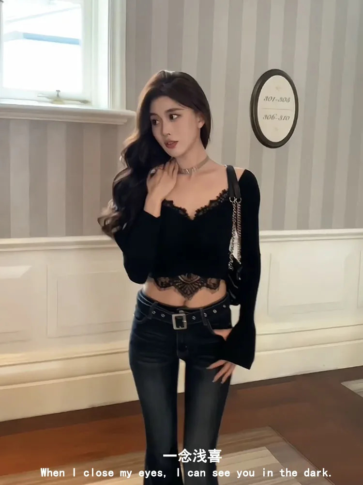 American retro tight jeans autumn ultrathin weight loss low waist pants straight smoke tube bell bottoms fashionable 250407