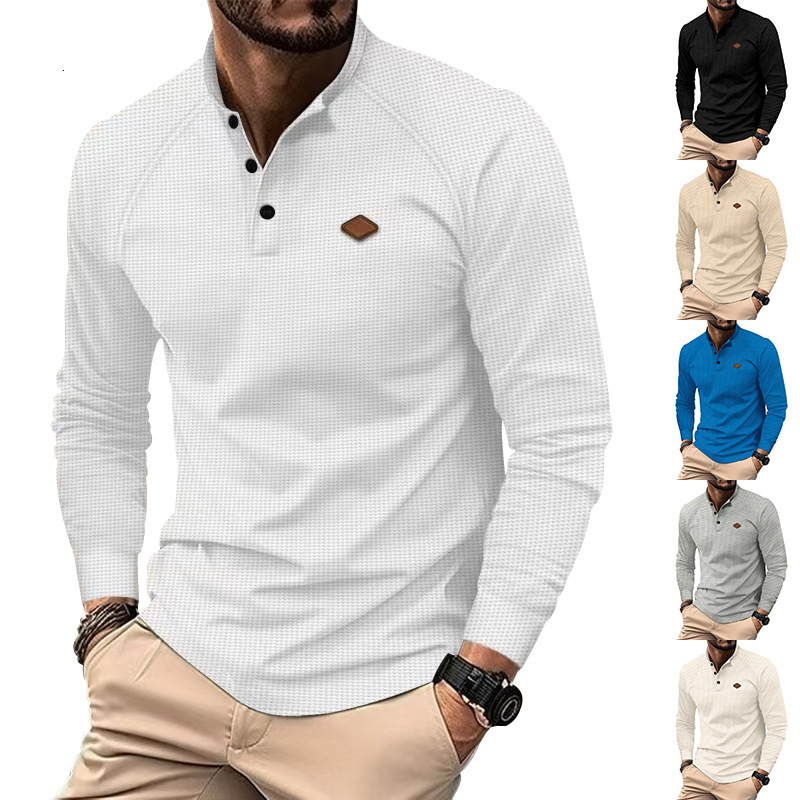 2025 Spring/Autumn Men's Casual Stand Collar Waffle Long Sleeve Button Slimming Henley Shirt