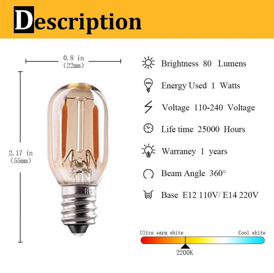T22G Dimmable LED Lamps 1W Vintage Tube Night Light Bulbs Amber Glass E12 E14 Candelabra LED String Lights 220V 2200K Chandelier C251115