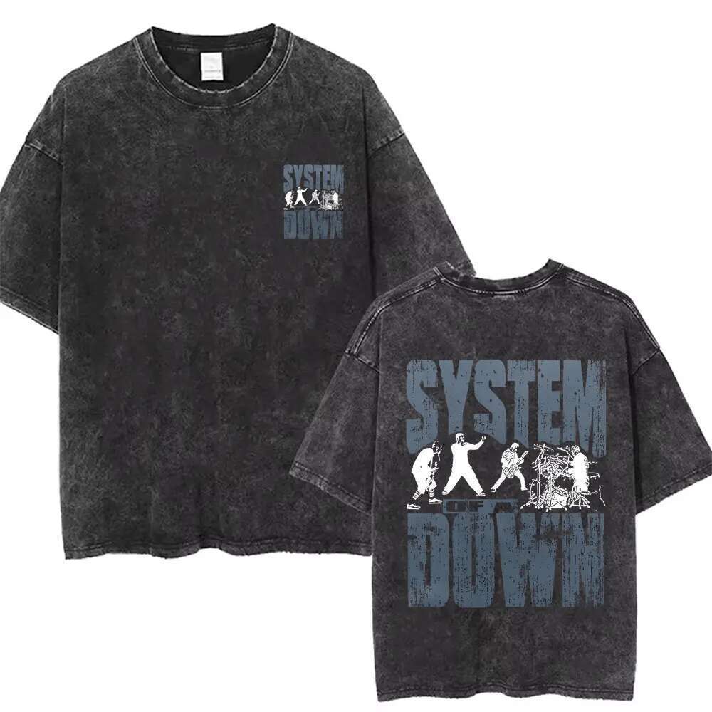 Washed Vintage System o Down Tshirt Men Women Cotton Quality Short Sleeve Tees Male Rock Music Band Cartoon Graphic T Shirts