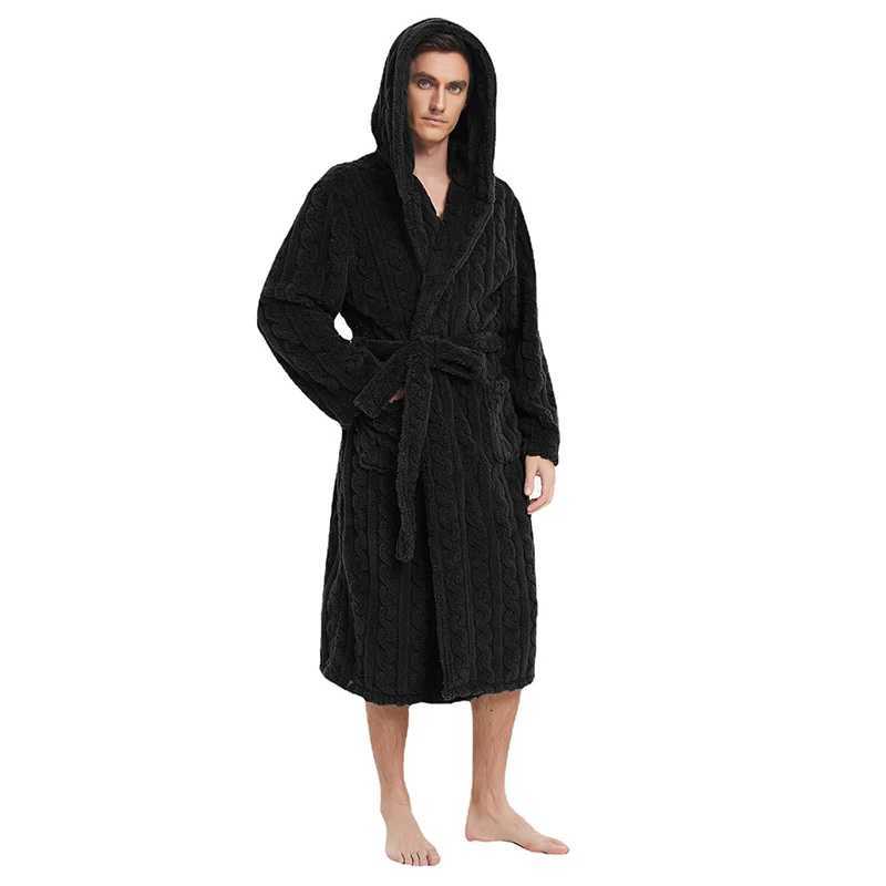 Hooded Long Robe for Men Belt Sleepwear Bathrobe Winter Night Wears Warm Fleece Pajama One Piece Nightgown Pocket Homewear 2024 C251115