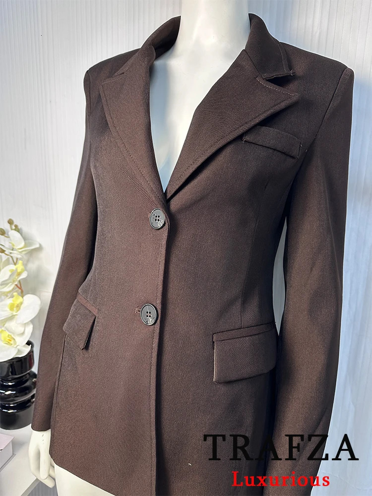 TRAFZA Chic Casual Solid Women Suit Pockets Button Blazer Straight Loose Pants Zipper Skirt Fashion 2025 Spring Summer Sets 250410