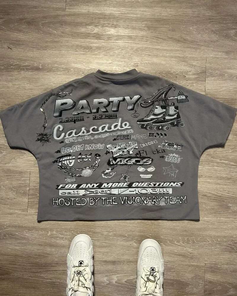 American Fashion Trend Big Head Cartoon Print Pattern T-Shirt Women's Retro Casual Loose Versatile Round Neck Short Sleeve Top