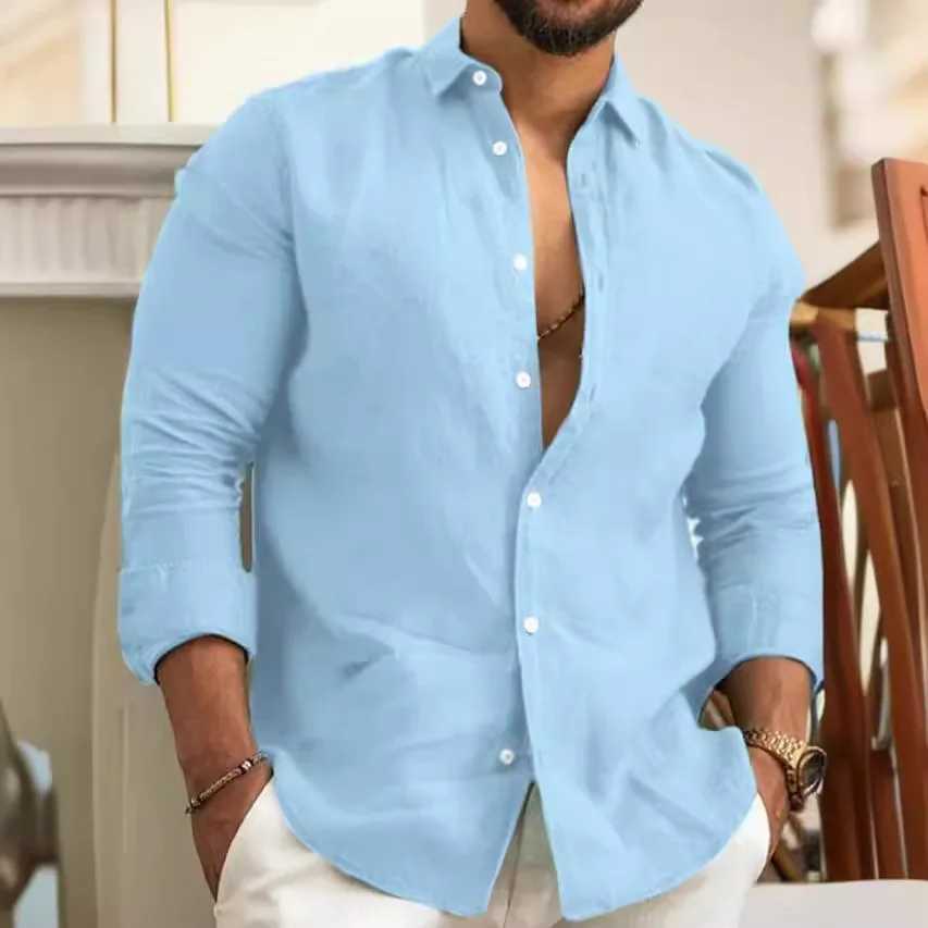 Solid color cotton linen plain weave shirt mens IC button lapel long seven piece shirt spring and summer fashion loose mens top W250415