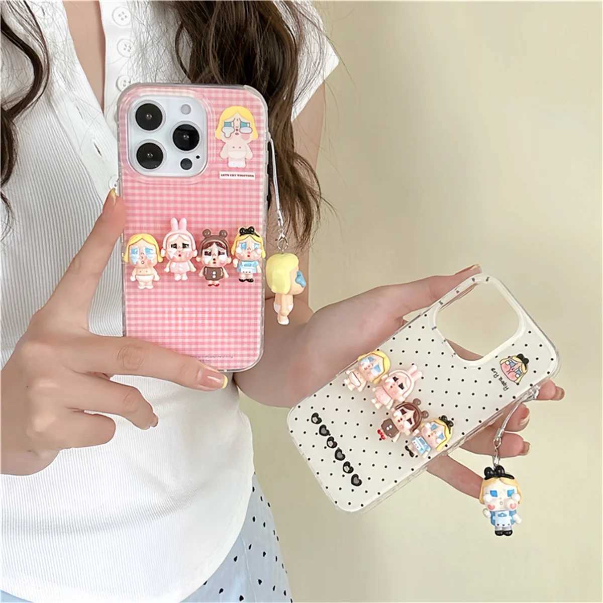 Korean Pink Plaid Pattern Cute Phone Case For iPhone 16 Pro 14 15 Pro Max Cover with Pendant Kawaii Protective Cases J251202