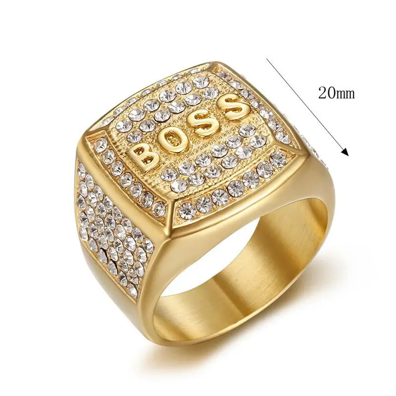Hip Hop Bling Iced Out Stainless Steel BOSS Finger Rings for Men Rapper Jewelry Gold Silver Color Drop 250414