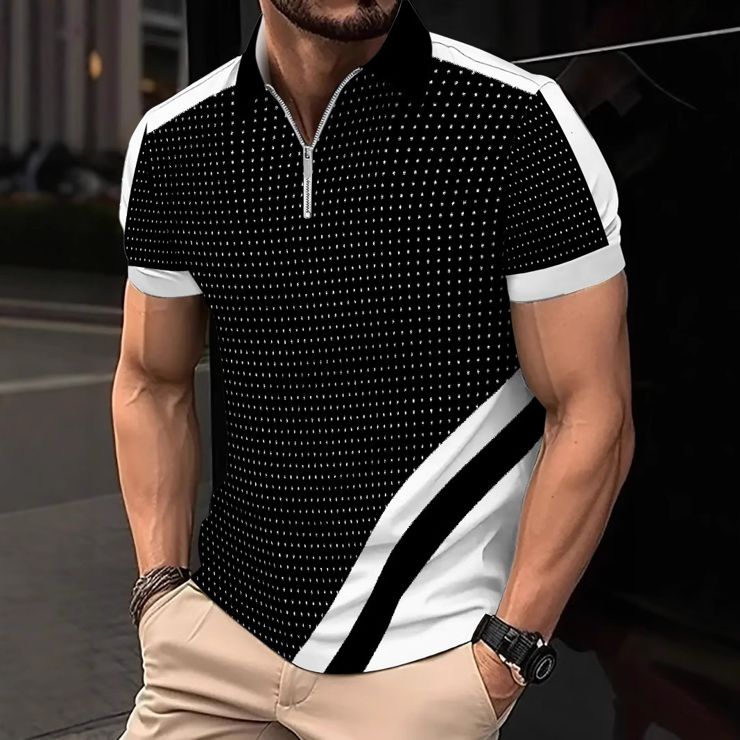Summer Printed Zipper Polo Shirt Mens Fashion Sports Polo Shirt