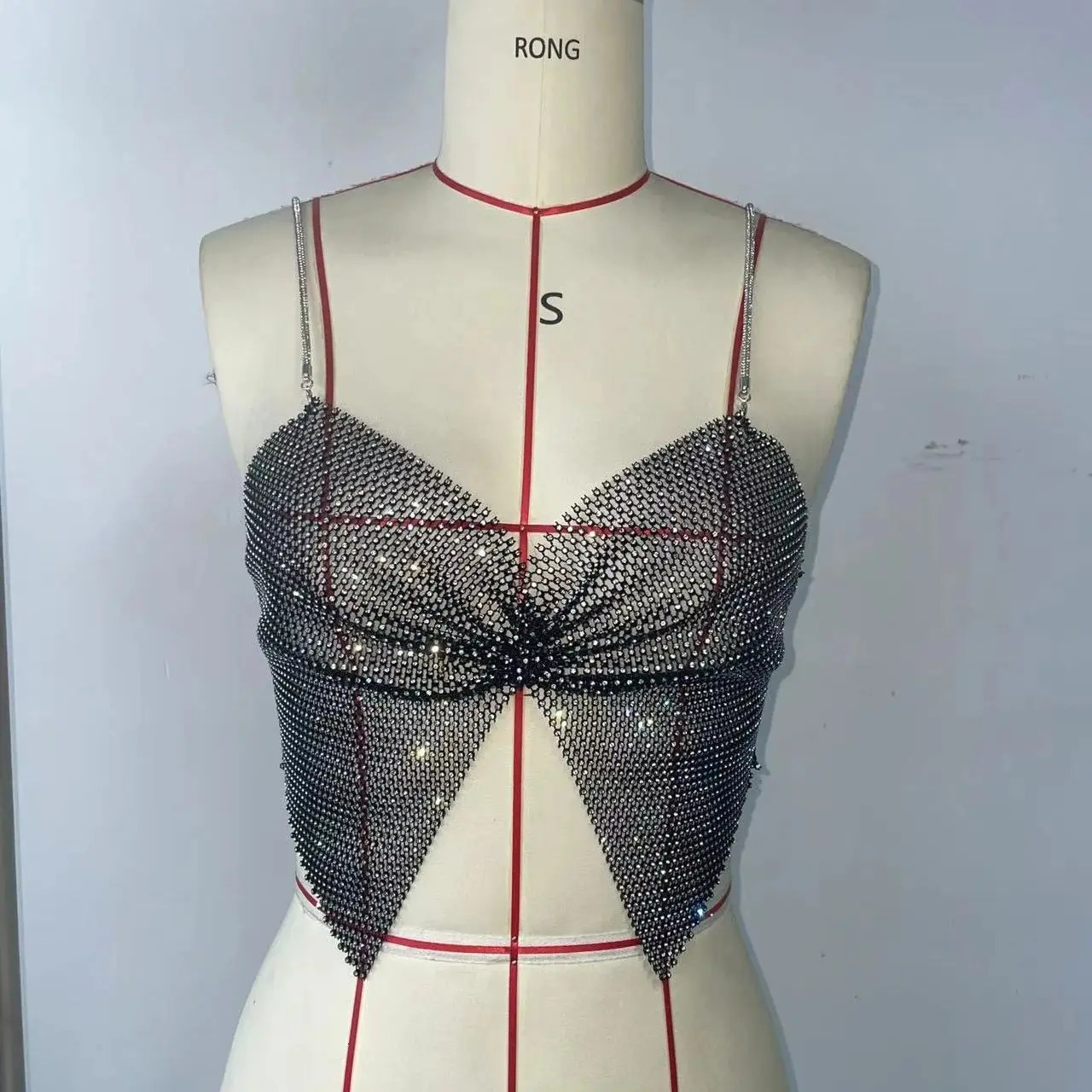 Summer Women Elastic Fishnet Crop Top Glitter Rhinestone Mesh Fine Flash Shoulder Strap V Neck Tank Top Rave Festival Camisole 250415