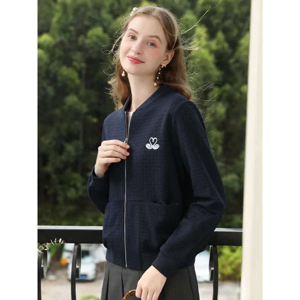 Embroidery Royal Blue Fall Clothes 2024 Women Casual Short Coat Office Lady Solid O-Neck Basics Jacket 2244185831