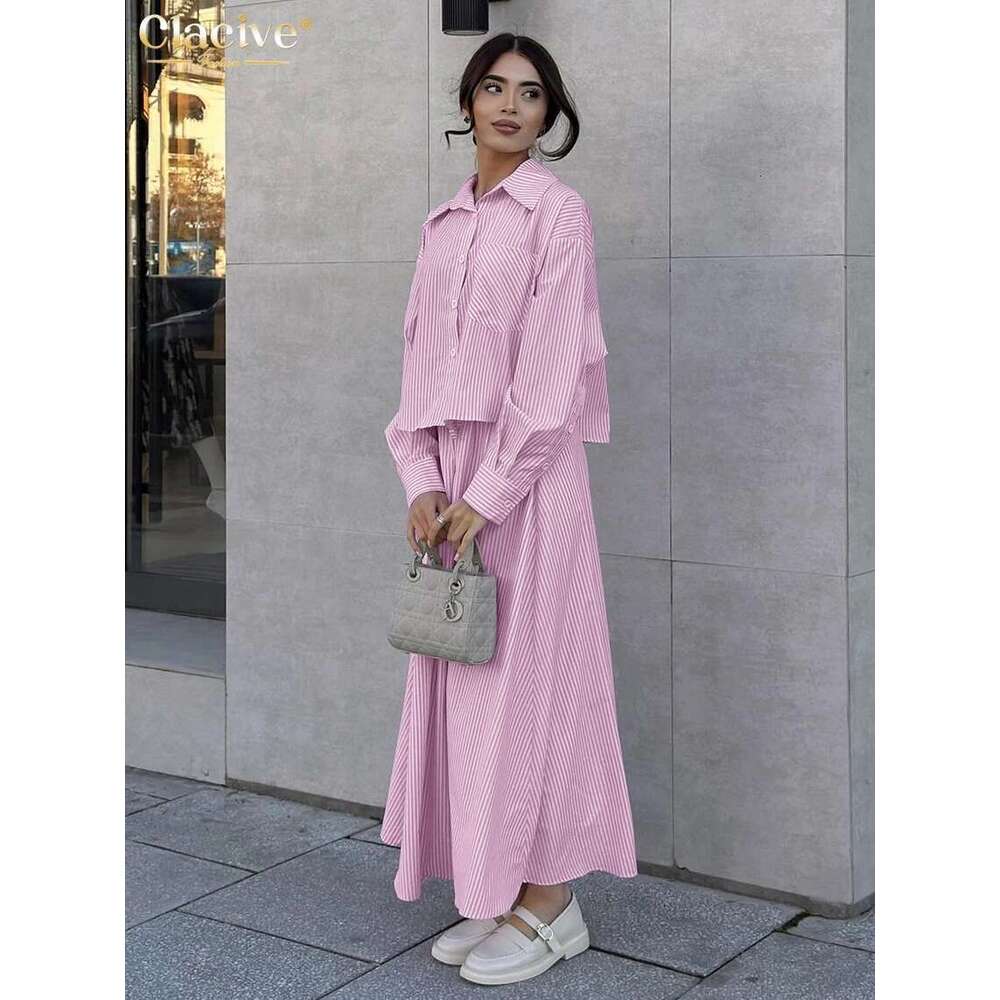 Clacive Fashion Pink Stripe 2 Piece Women Outfit Elegant Sleeve Shirt With High Waist Long Skirts Set Female Streetwear
