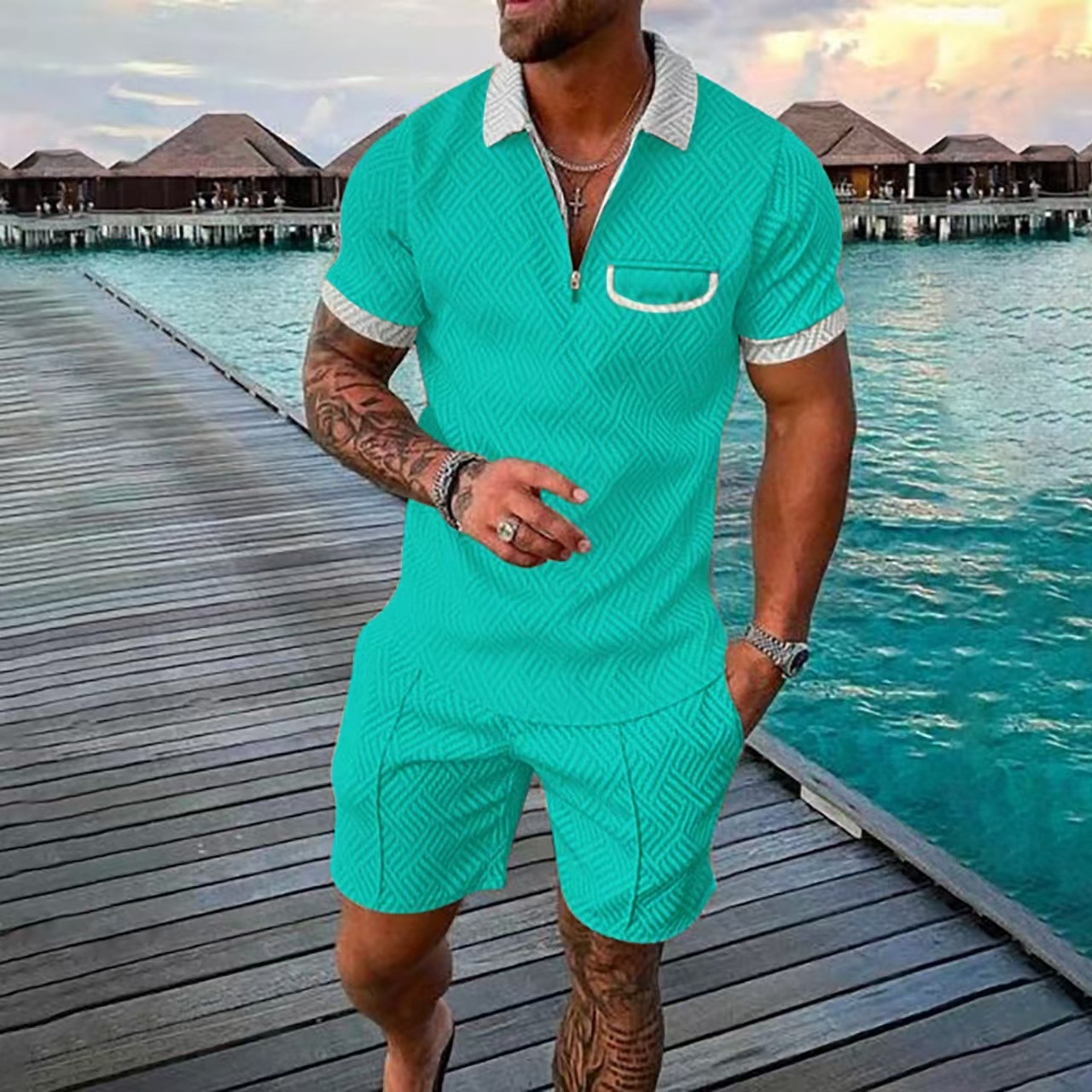 New Mens Fashion Casual Set 3D Digital Printed Zipper Short Sleeve Mens Shorts