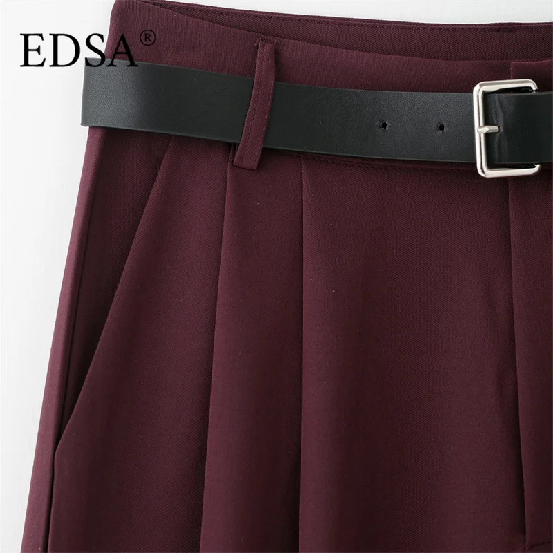 EDSA Womens Double Fold Tight Pants with Belt Loop Side Pocket Suitable for Office Zipper Fashion 250414Z