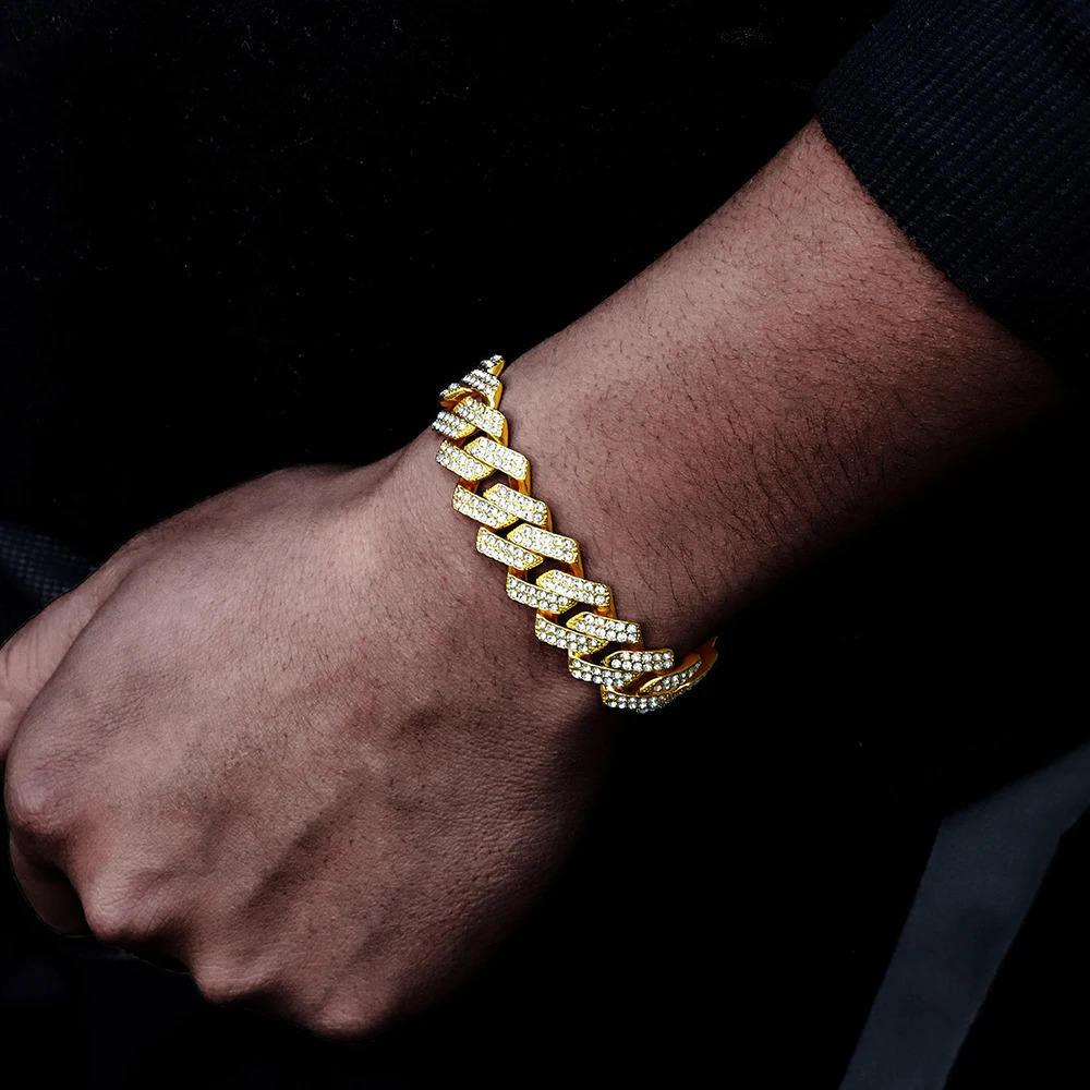 High-Quality 51g Hip Hop Full Stone Bling Iced Out Pave Mens Bracelet Miami Cuban Link Chain Bracelets for Men Jewelry 250414