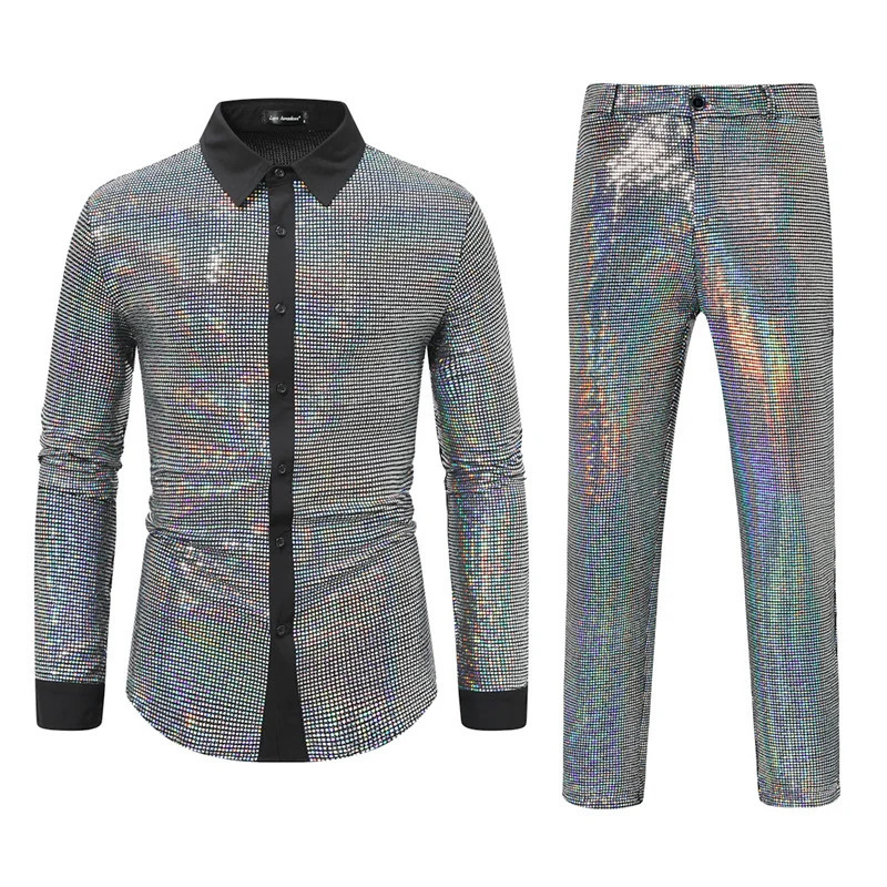 Summer Men Sequin Casual Sets Gold Silver Fashion Singer Bar KTV Stage Performance Dress Lapel Shirt and Pants 250409
