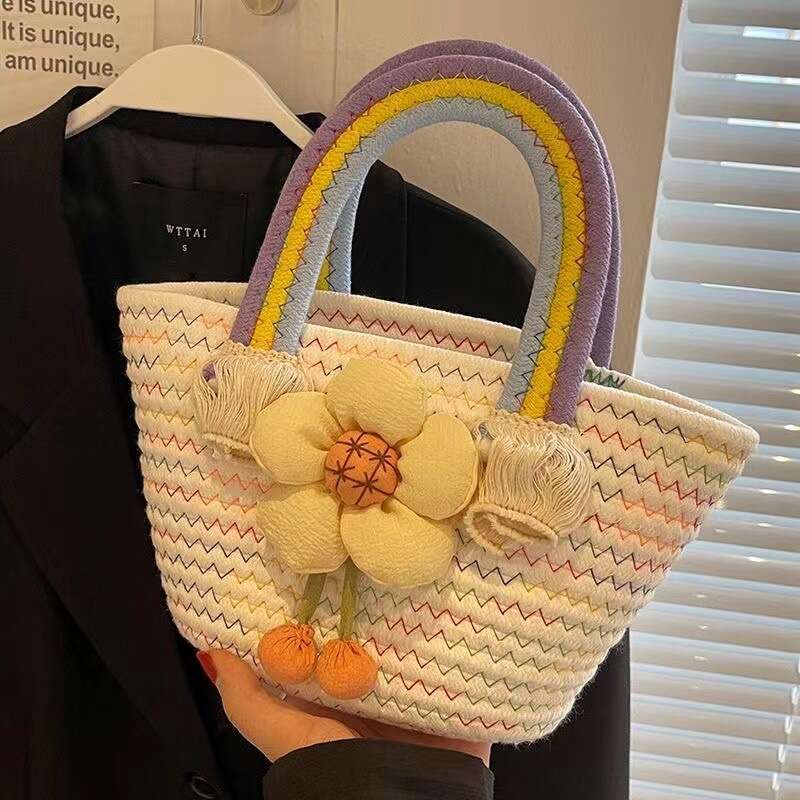 Handmade Beach Bag Sunflower Cloud Handheld Trendy Rainbow Cotton Rope Bag, Casual And Western-Style Woven Bag Kq2