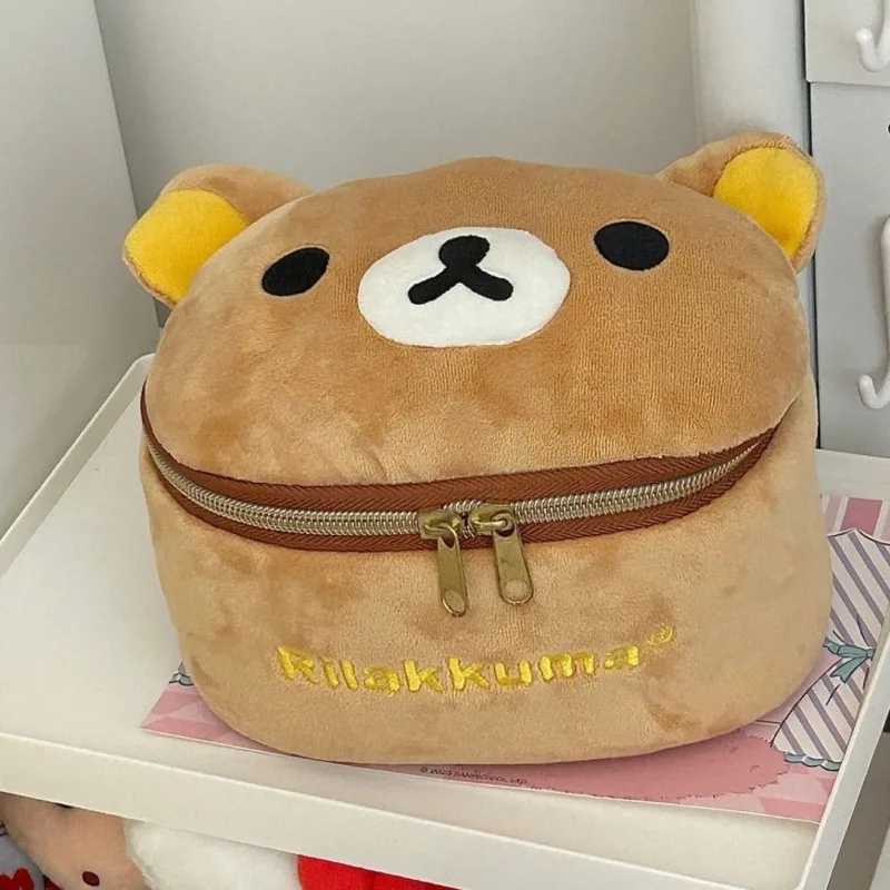 Plush Oval 3D Makeup Bag Plush Bear Head Bead Box New Cute Rilakkuma Girl Storage BagXJ250415