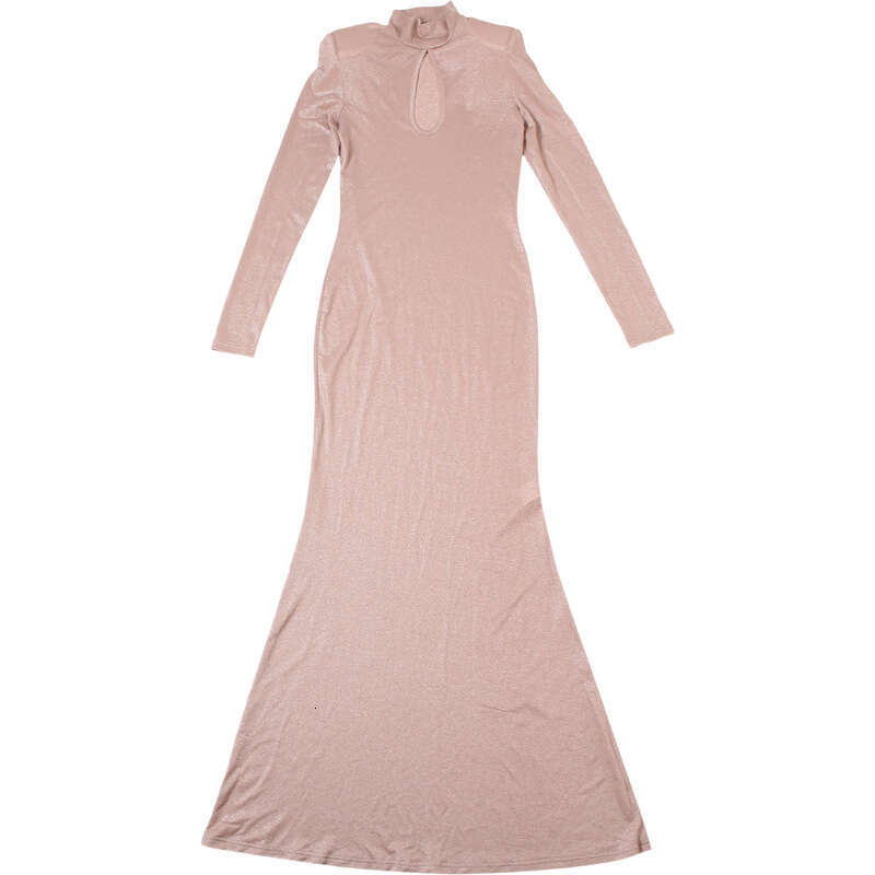 Women's Wear New Spring Women's Clothing Elegant Solid Color Bright Face Half High Collar Hollow Long Sleeve Hip Wrapping Dress