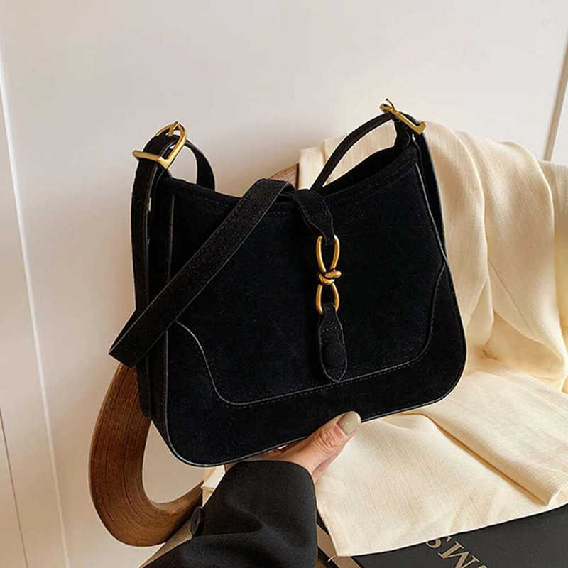 Faux Suede Shoulder Retro Satchel Large Capacity Stylish Crossbody Solid Color Adjustable Strap Simple Commuting Bag