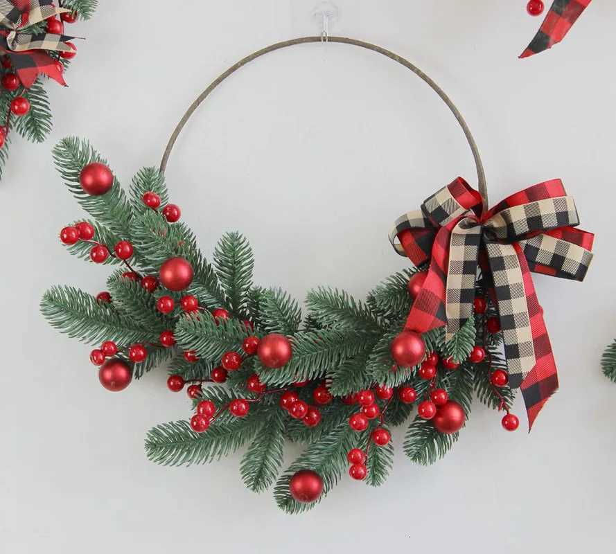 Christmas Red Berries Pine Branch Wreath Artificial Berries Snowy Pine Front Door Wreaths Wall Garland for Christmas OrnamentsM251115