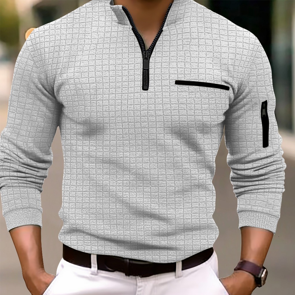 Spring and Autumn Fast Selling Mens Checkered Polo Shirt Arm Zipper Sports Polo Shirt Top