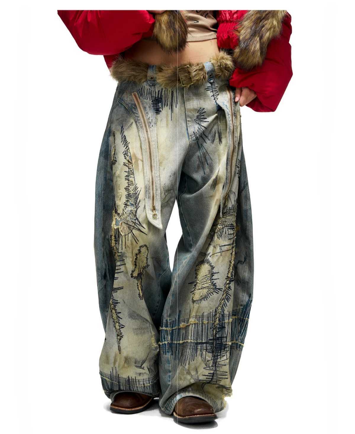 American garbage soil dyeing damage art design patch work embroidery wide leg jeans mens loose trend new floor pants mens clothing X250415