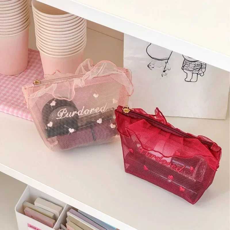 Student Transparent Mesh Pencil Box Ins Travel Cosmetics Organizer Womens Makeup Bag Lipstick Makeup Brush Storage BagXJ250415