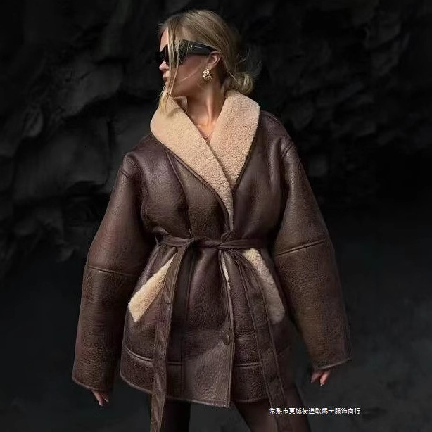Womens Spring Festival Fashion Cashmere Leather Fur Collar Composite Belt Coat 241122