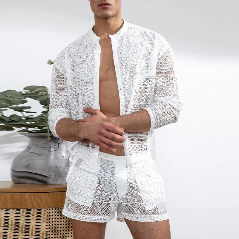 Cross-border European and American mens long-sleeved lace cut-out shirt casual shorts mens suit 250415